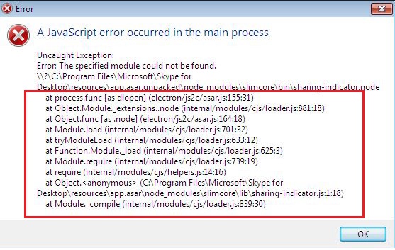 A javascript error occurred in the main process в skype. Как исправить